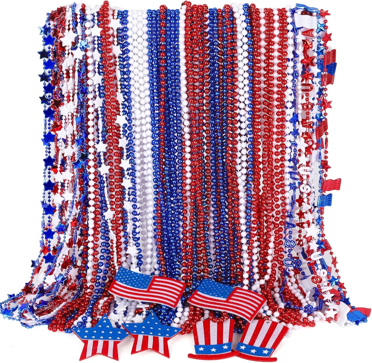 72PCS 4th of July Accessories, Independence Day Bead Necklaces, USA Hat Flags Pendant Patriotic Fourth of July Red Blue White Necklace, Metallic Necklace for Flag Day Parades Party Favors Decorations